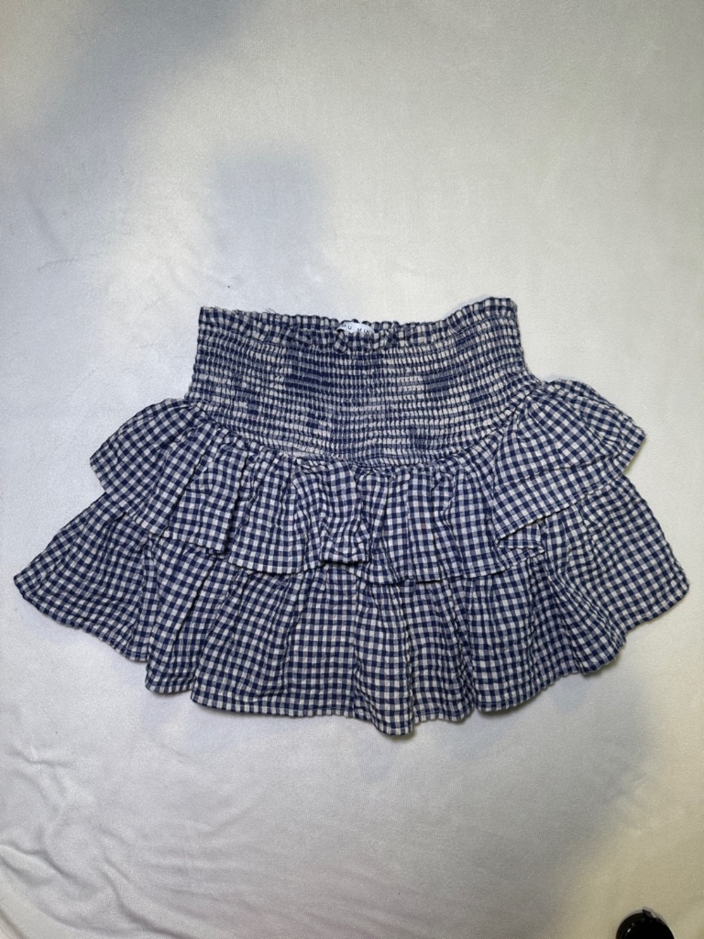 Miou Muse Smocked Tiered Ruffle Mini Skirt Skort in Navy Gingham Check Size S